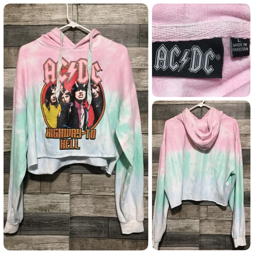 AC/DC Highway To Hell Crop Hoodie Tie Dye Women’s L Pink Green Relaxed